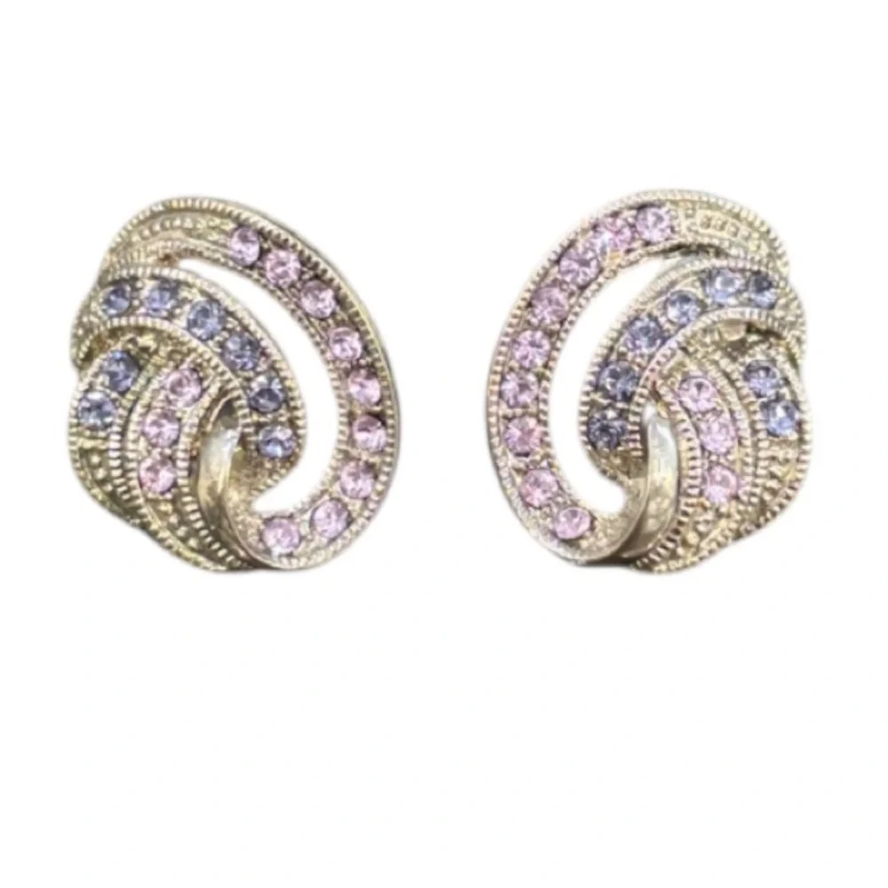 Vintage Earrings Sparkling Pink Purple Crystal Cubic Zirconia Formal Swirl Knot - Picture 12 of 16